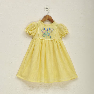 Cotton Dress for Girls | Floral Embroidered | Yellow