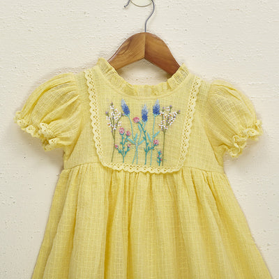 Cotton Dress for Girls | Floral Embroidered | Yellow