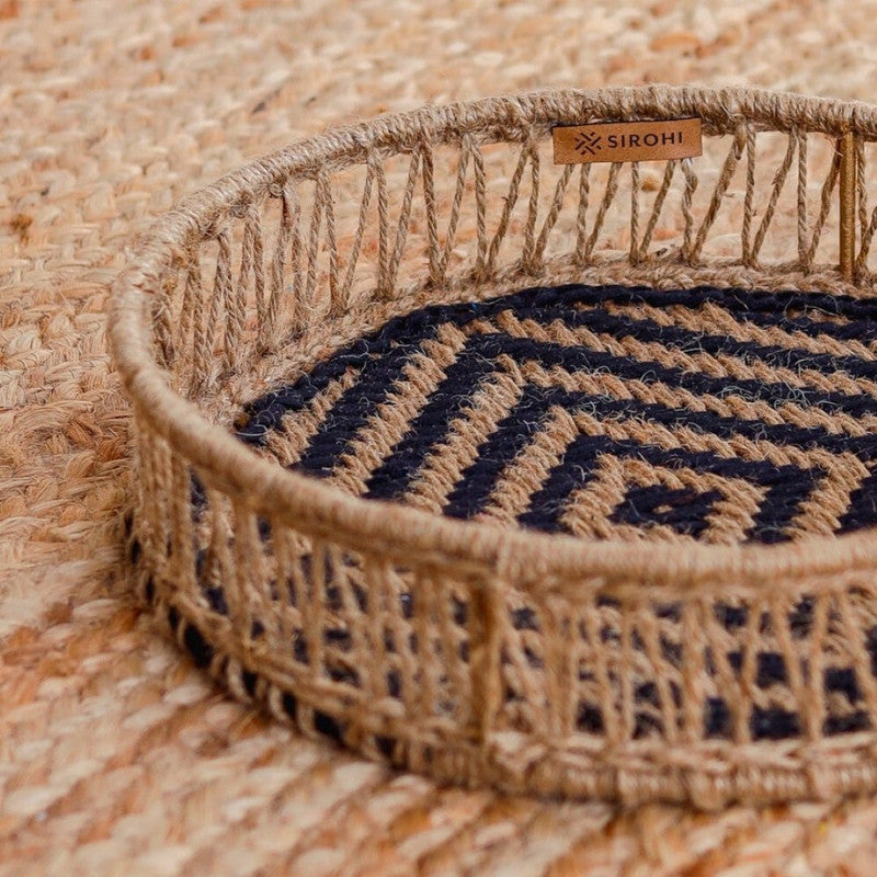 Cotton & Jute Round Tray | Beige & Black | Small | 10 x 10 x 2 inches