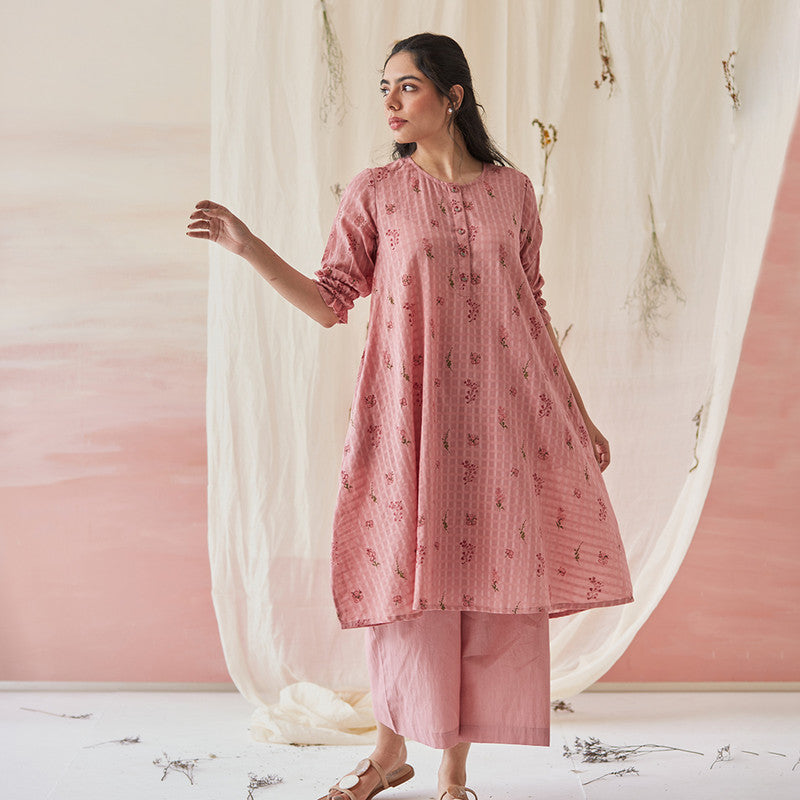 Cotton Silk Kurta Set | Block Printed | Pink