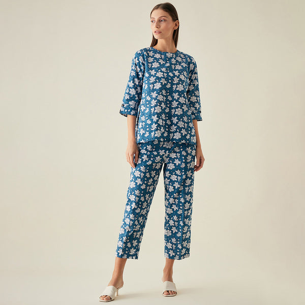 Organic Cotton Pants | Floral Print | Blue