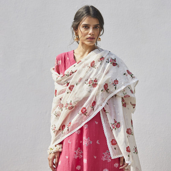 Chanderi Cotton Kurta Set with Dupatta | Block Print | Fuchsia & Ivory