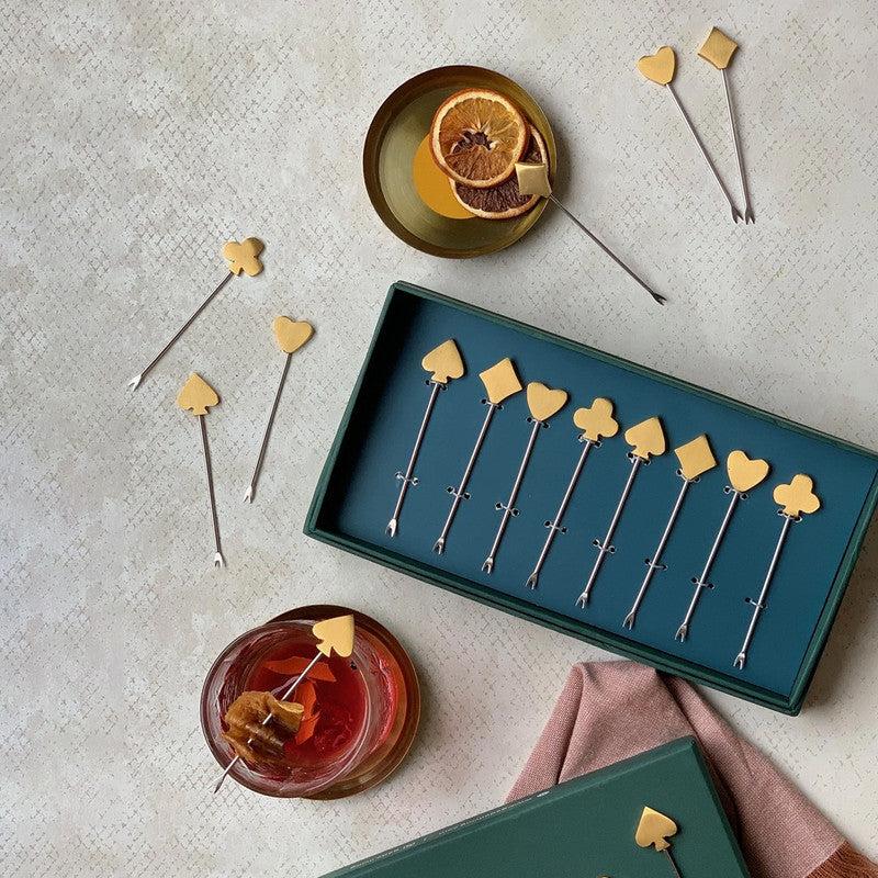 Festive Gifts | Stainless Steel & Brass 8 Cocktail Picks | Gold & Silver
