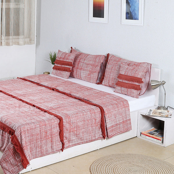 Cotton Bedcover with Pillow & Cushion Covers | Checkered | Double Size | Red