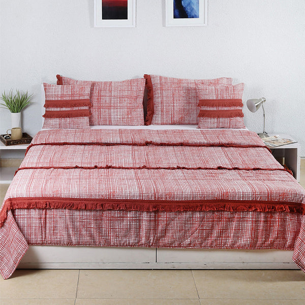 Cotton Bedcover with Pillow & Cushion Covers | Checkered | Double Size | Red