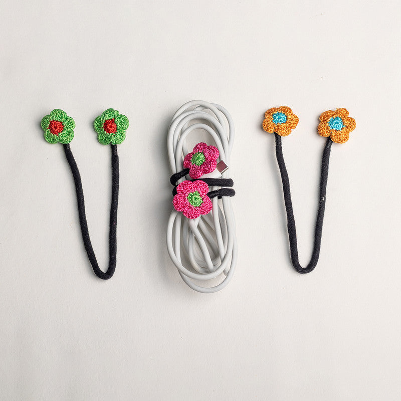 Cotton Silk Cable Ties | Cable Organiser | Flower Design | Set of 3