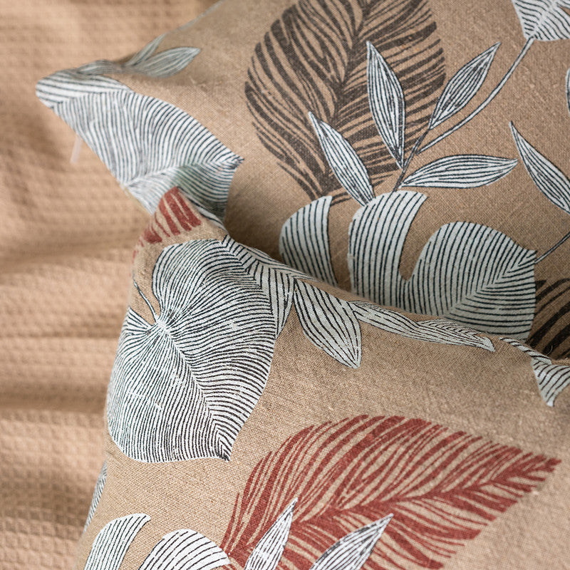 Linen Cushion Cover | Leaf Print | Black & Beige