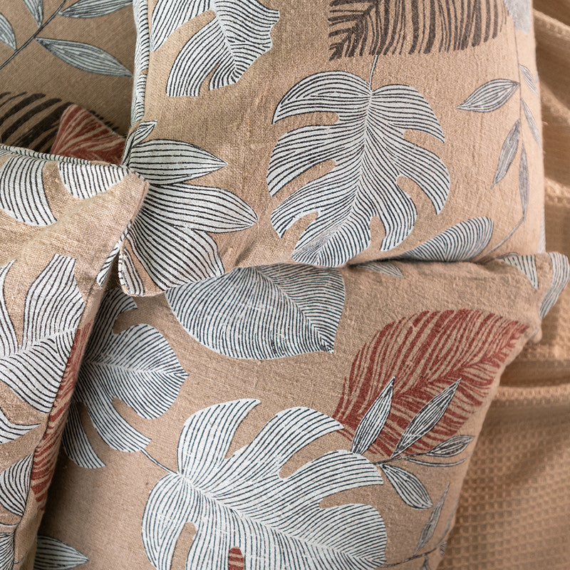 Linen Cushion Cover | Leaf Print | Beige & Maroon