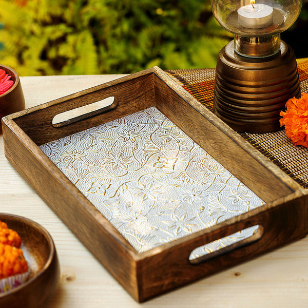 Wooden Tray | Serving Tray | Mango Wood | Brown & White | 12x8 inch