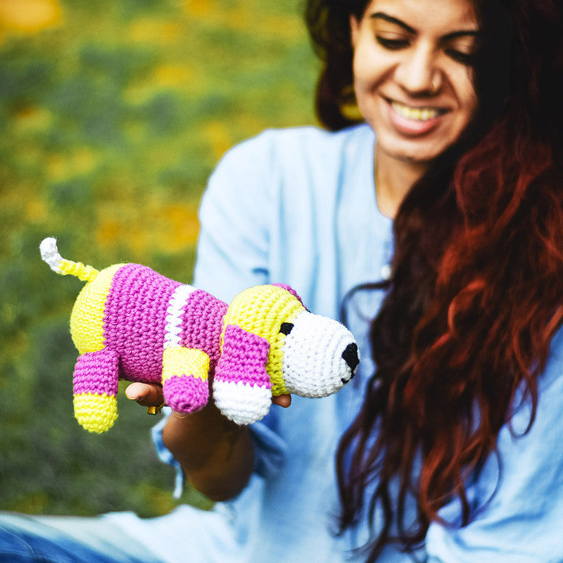 Cotton Crochet Soft Toy for Kids | Joy Dog | Purple | 23 cm