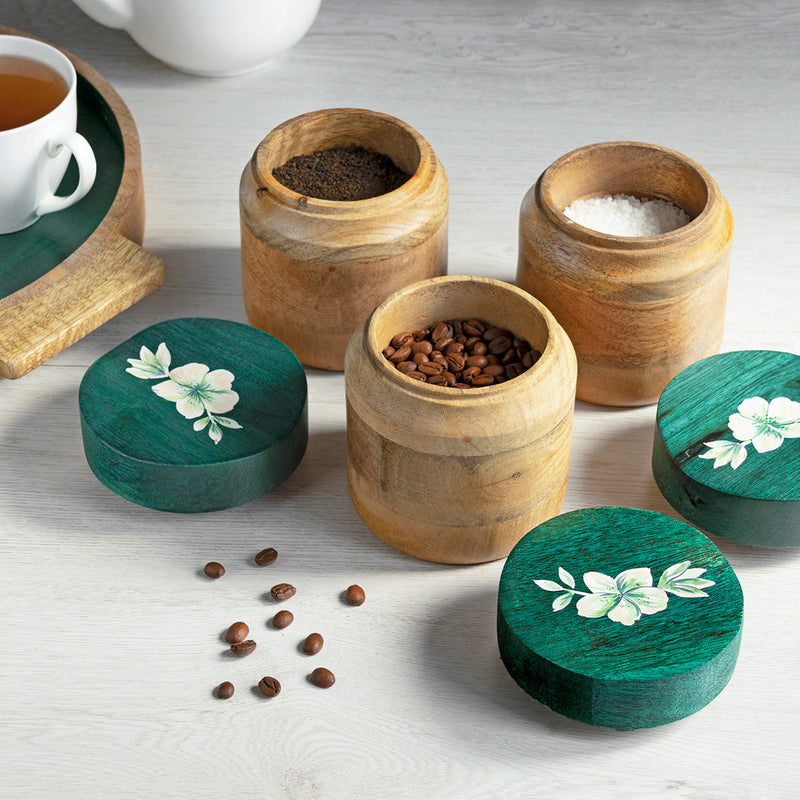 Wooden Jars with Lid | Tea Coffee Sugar Containers | Green | Set of 3
