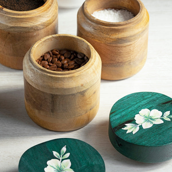 Wooden Jars with Lid | Tea Coffee Sugar Containers | Green | Set of 3