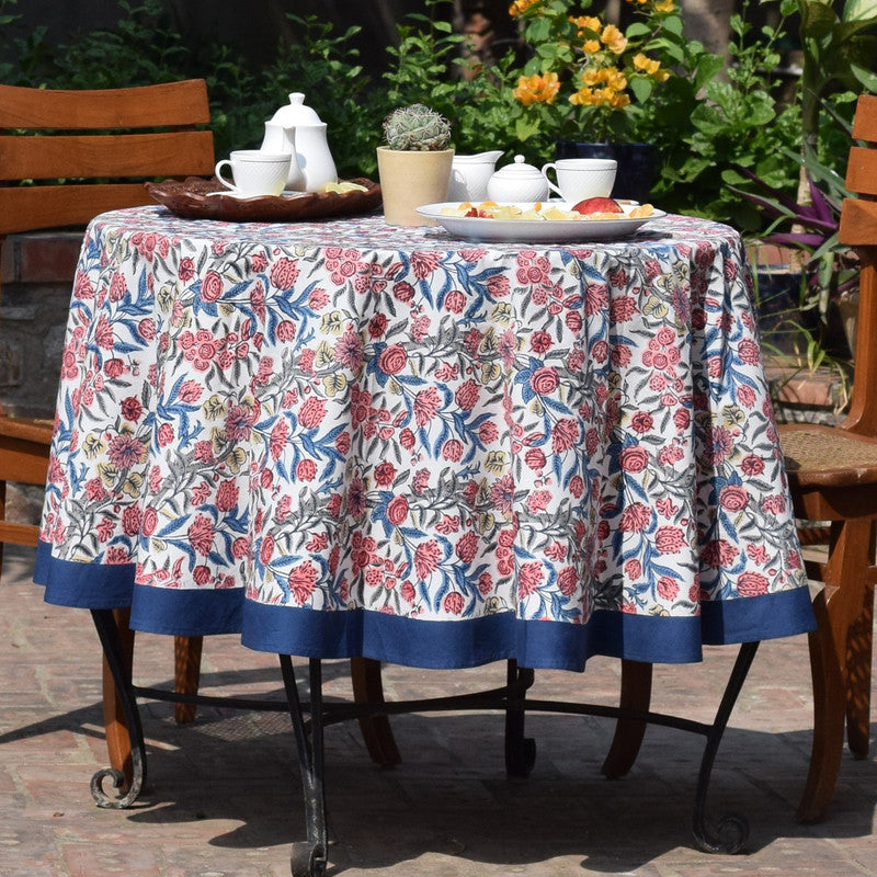 Handblock Printed | Cotton Table Cover | Blue & Beige