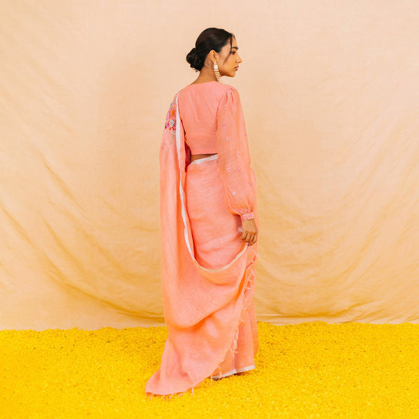 Linen Saree | Festive Wear For Women | Embroidered | Peach