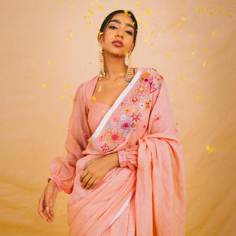 Linen Saree | Festive Wear For Women | Embroidered | Peach