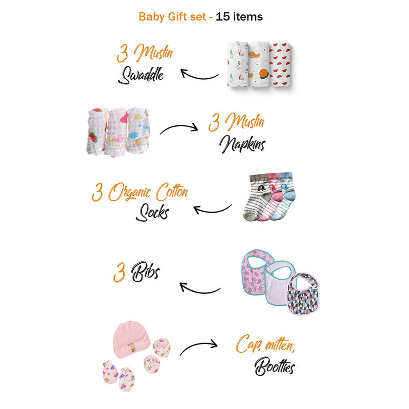 Baby Gifts | Organic Cotton Muslin Gift Hamper | Pack of 15