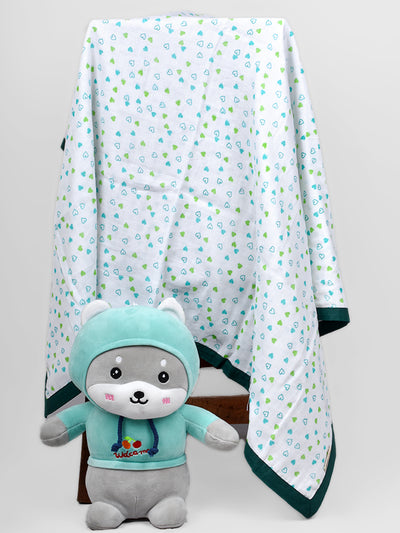 Organic Cotton Baby Dohar | Summer AC Blanket | Green Heart | 100x100 cm