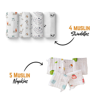 Baby Shower Gifts | Organic Cotton Muslin Gift Hamper | Pack of 9