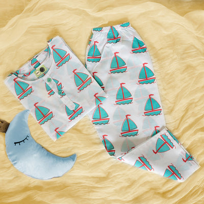 Cotton Night Suit for Kids | Sailboat Print