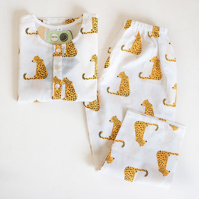 Cotton Night Suit for Kids | Leopard Print | White & Yellow