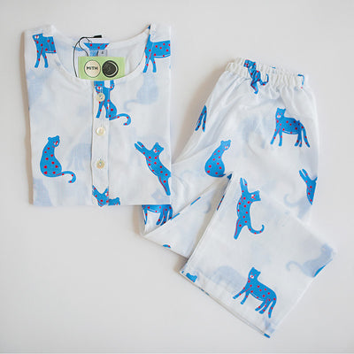 Cotton Night Suit for Kids | Panther Print | White & Blue