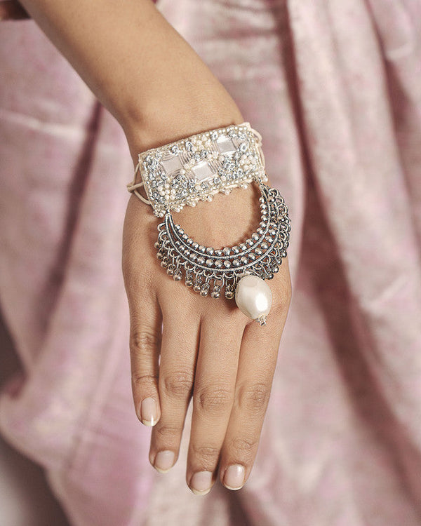 Handcrafted Silver Zari & Mirror Work Pearl Bracelet