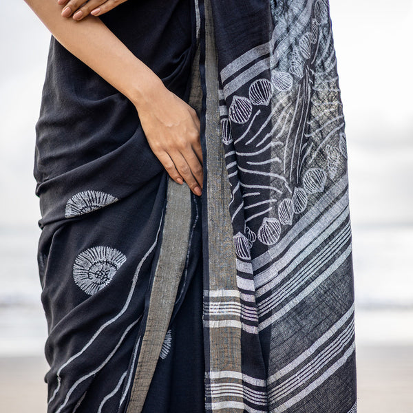Pure Linen Saree | Hand Block Print | Black