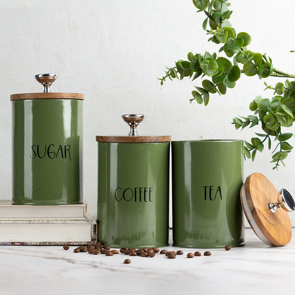 Kitchen Containers | Mango Wood & Iron | Tea Coffee Sugar | Green | Set of 3