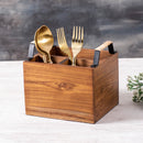 Teak Wood &  Iron Teak Wood Cutlery Holder with Cane | Brown & Black