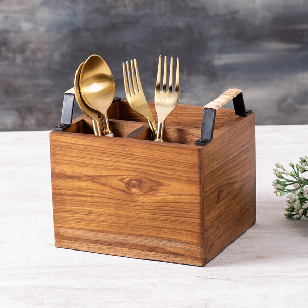 Teak Wood &  Iron Teak Wood Cutlery Holder with Cane | Brown & Black