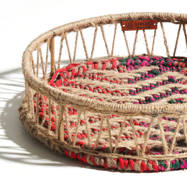 Jute & Metal Tray | Upcycled Textile | Round | Multicolour