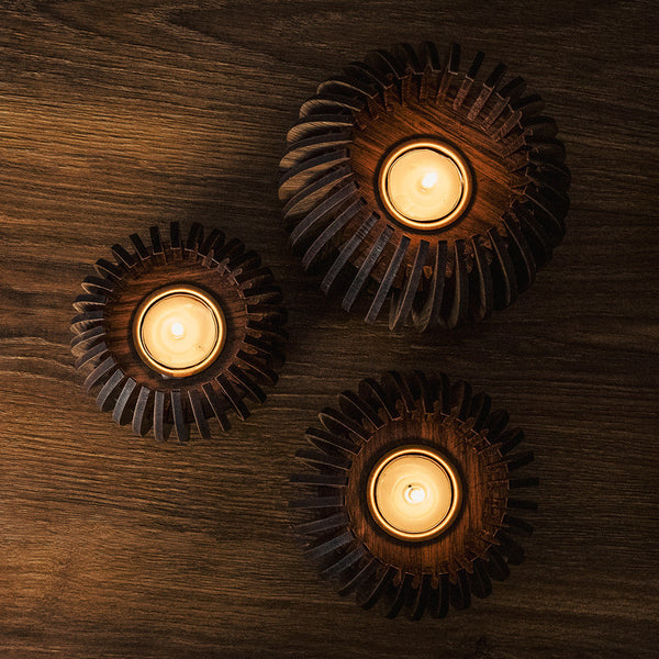 Pine Wood T-Light Candle Holder | Dark Brown | Set of 3