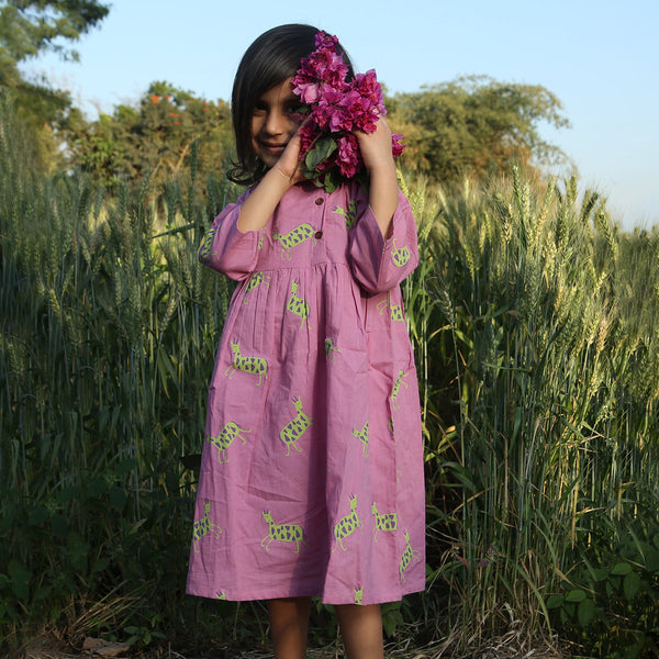 Cotton Dress for Girls | Chinkara Print | Magenta