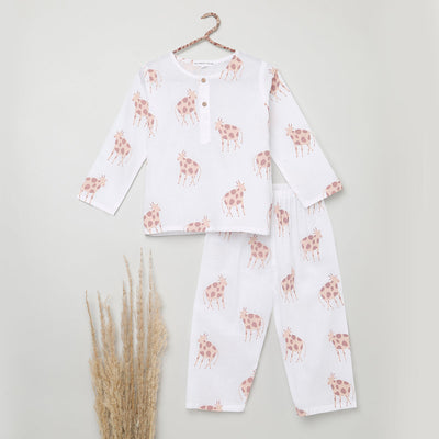 Cotton Night Suit for Kids | Pajama Set | Cow Print | Light Brown