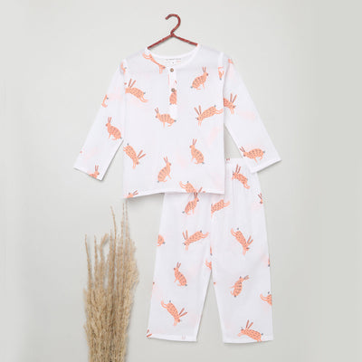 Cotton Night Suit for Kids | Pajama Set | Hare Print | Peach