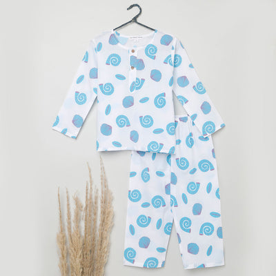 Cotton Night Suit for Kids | Pajama Set | Shell Print | Turquoise Blue