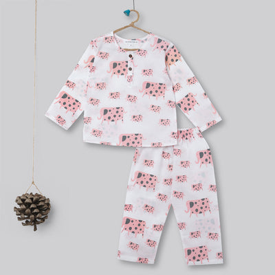 Cotton Night Suit for Kids | Pajama Set | Elephant Print | Baby Pink