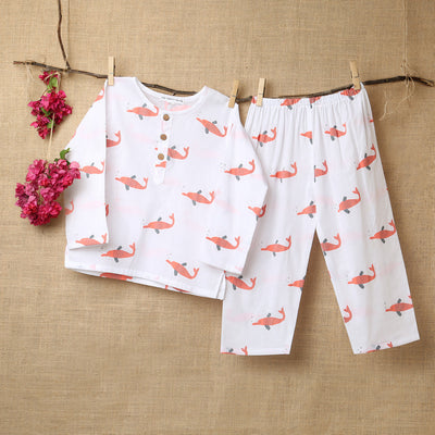Cotton Night Suit for Kids | Pajama Set | Dolphin Print | Peachy Pink
