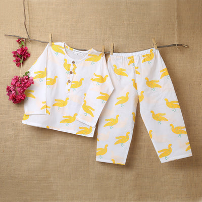 Cotton Night Suit for Kids | Pajama Set | Duck Print | Lemon Yellow