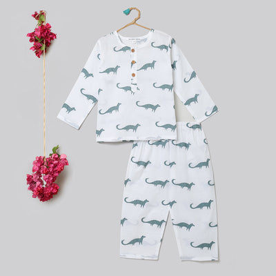 Cotton Night Suit for Kids | Pajama Set | Mongoose Print | Grey