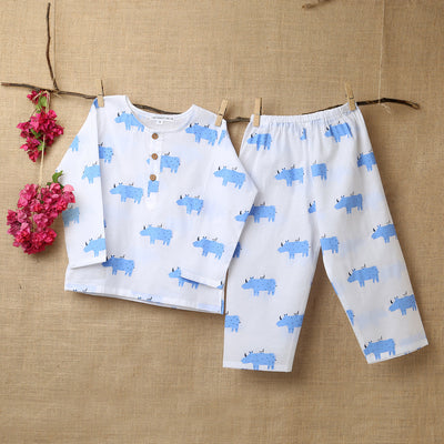 Cotton Night Suit for Kids | Pajama Set | Rhinoceros Print | Light Blue