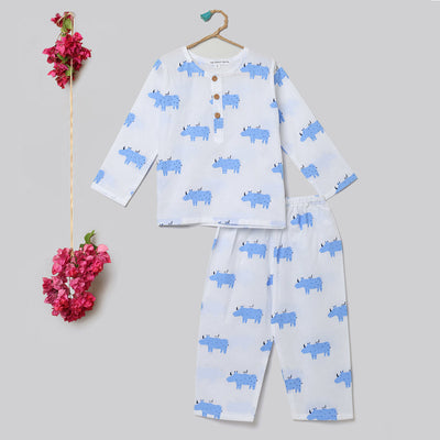 Cotton Night Suit for Kids | Pajama Set | Rhinoceros Print | Light Blue