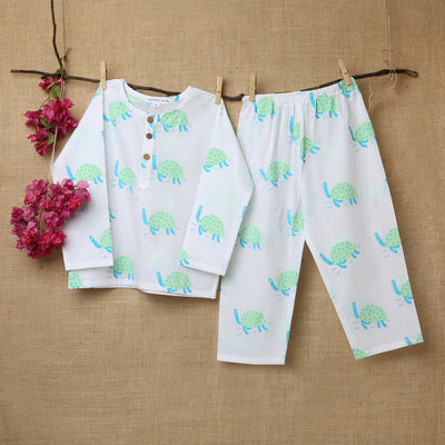 Cotton Night Suit for Kids | Pajama Set | Turtle Print | Light Green
