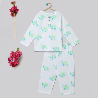 Cotton Night Suit for Kids | Pajama Set | Turtle Print | Light Green
