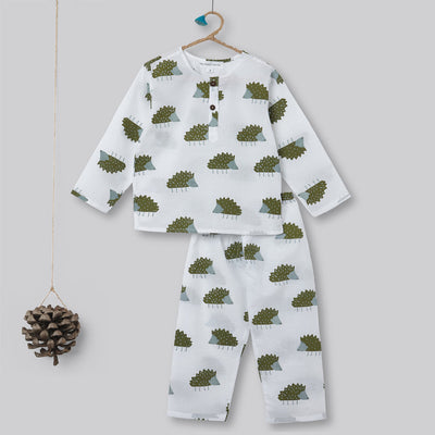 Cotton Night Suit for Kids | Pajama Set | Hedgehog Print | Olive Green