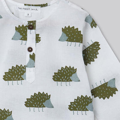 Cotton Night Suit for Kids | Pajama Set | Hedgehog Print | Olive Green