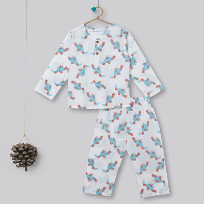 Cotton Night Suit for Kids | Pajama Set | Hornbill Print | Light Blue