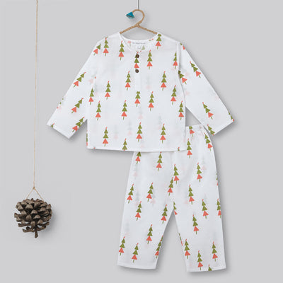 Cotton Night Suit for Kids | Pajama Set | Tree Print | Off-White