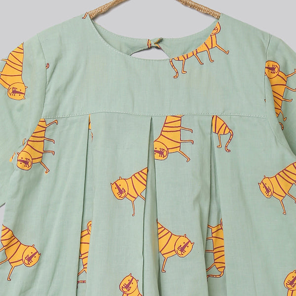 Cotton Dress for Girls | Tiger Print | Olive green