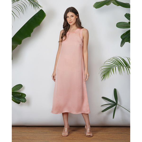 Vegan Silk Midi Dress | Sleeveless | Coral Peach